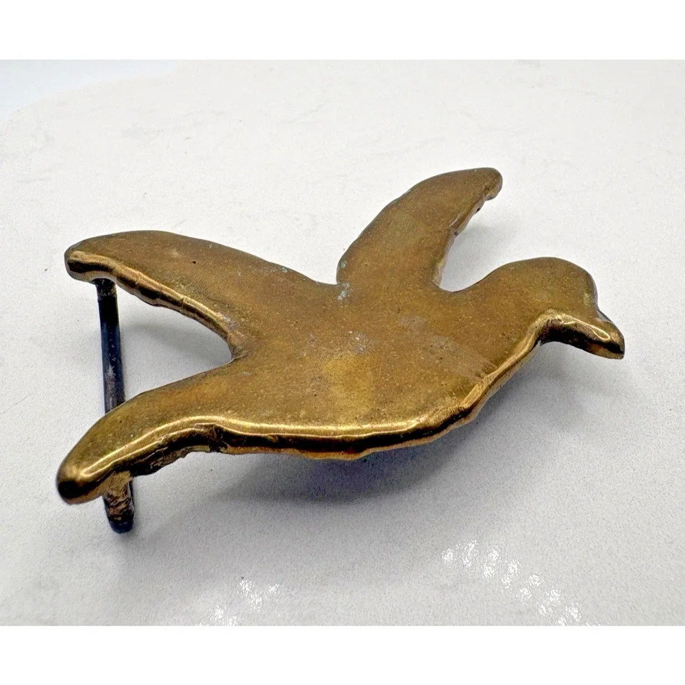 Brass Flying Bird Belt Seagull Beaked Bird Buckle Wood Base Vintage 3.5